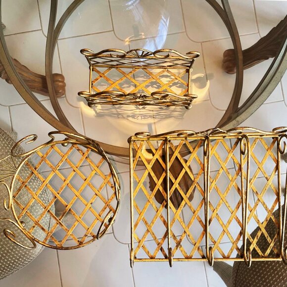 Set of 3 Metal Plate, Silverware, and Napkin Holders, Antiqued Distressed Gold - Picture 4 of 12